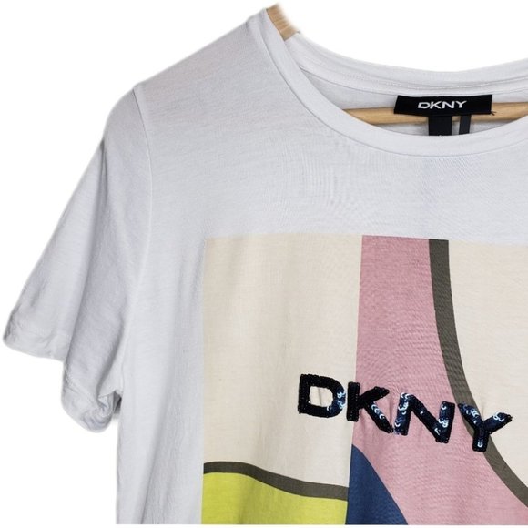 DKNY Sequined Logo Graphic Cotton T-Shirt Women's Size Small *Defect-see desc - Picture 1 of 15